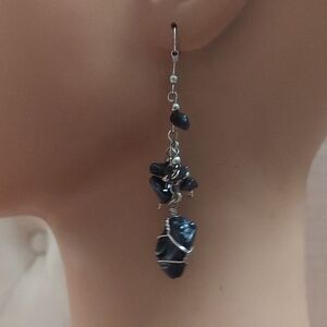 Black Obsidian Stone Chip Wire Wrapped Drop/Dangle Silver Earrings